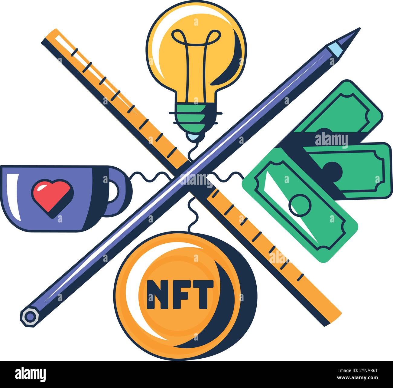 Uso quotidiano multicolore della tecnologia NFT. Digitalizzazione e vendita di articoli per la casa. Assegnazione di token sulla piattaforma NFT di trading mobile. Auto futuristica Illustrazione Vettoriale