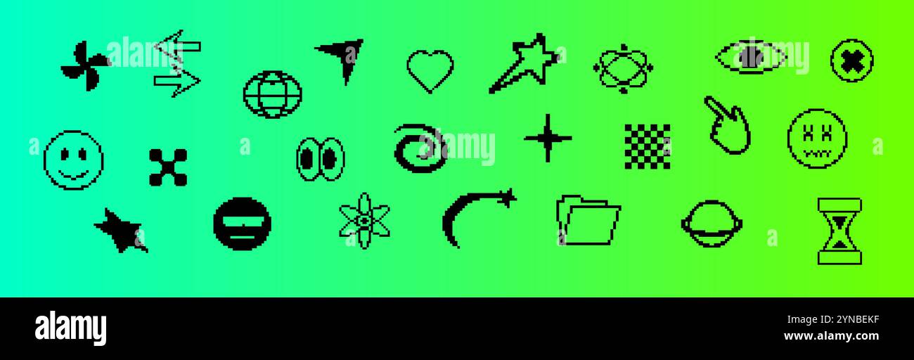Set di pixel neri retrò con cursori, cuori e icone astratte Illustrazione Vettoriale