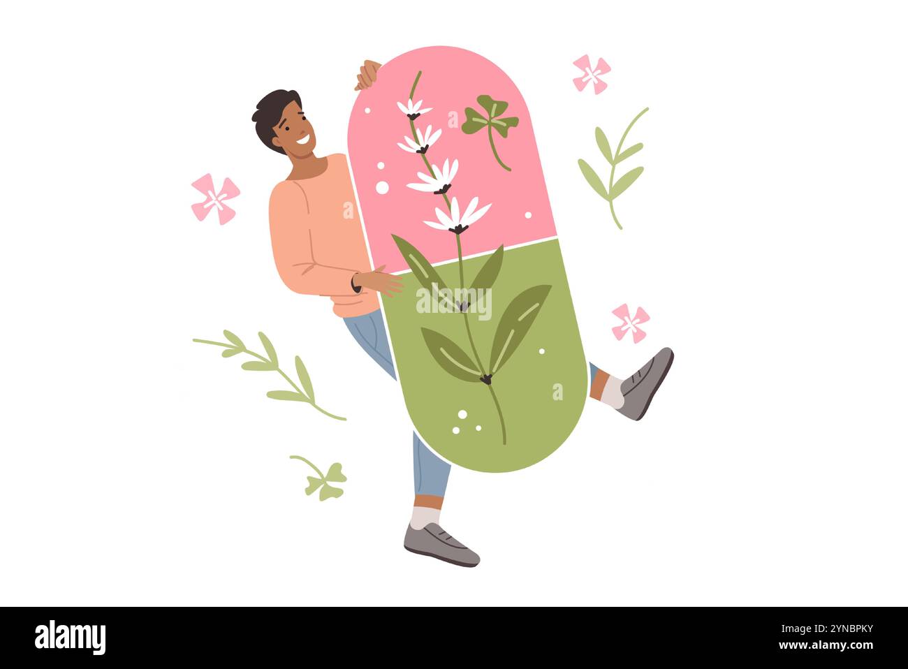 L'uomo tiene pillola organica fatta di erbe naturali usando la medicina alternativa e l'omeopatia Illustrazione Vettoriale