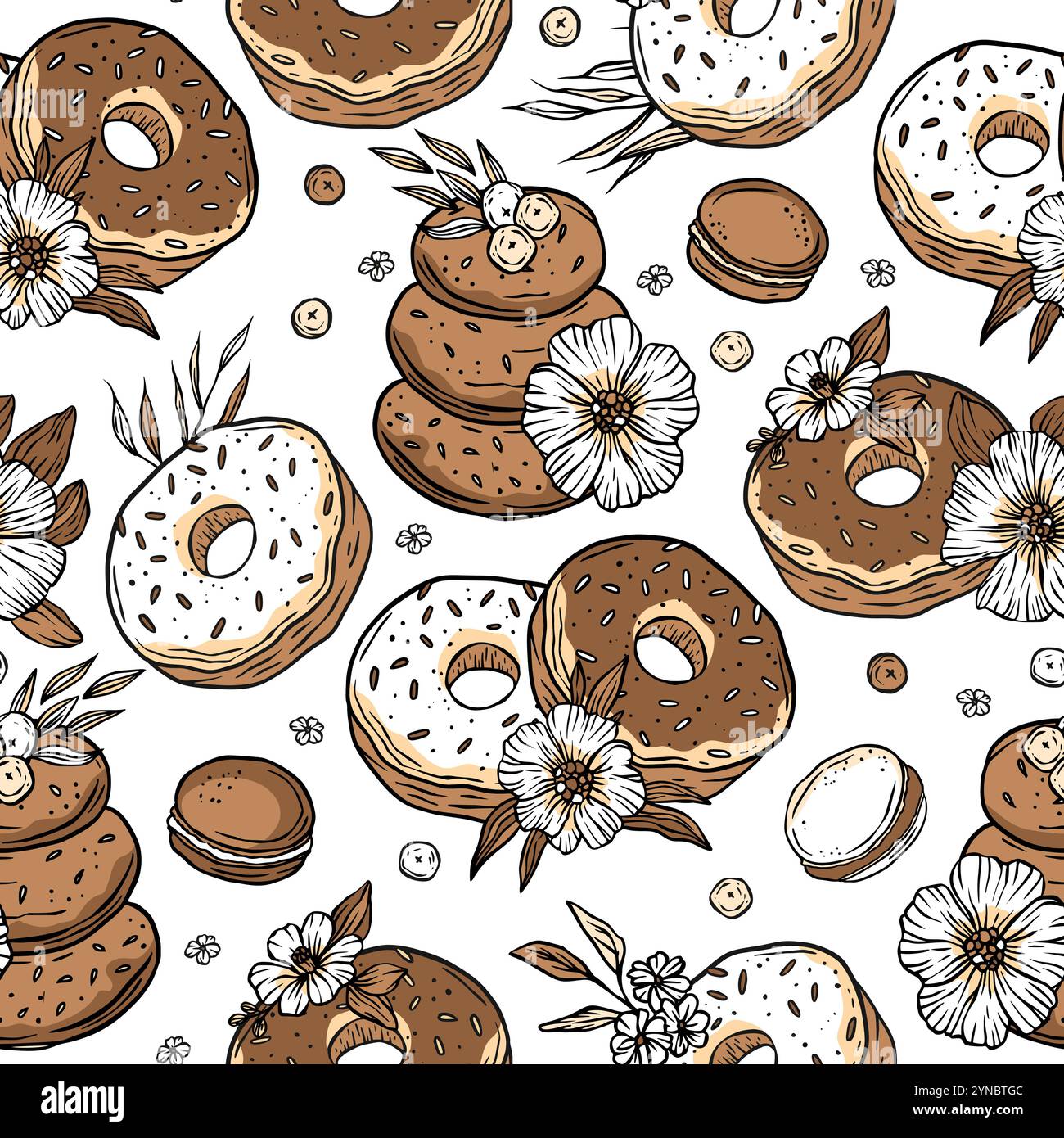 Macaron con biscotti alla ciambella, pasta dolce, vettoriale senza cuciture per prodotti da forno Illustrazione Vettoriale