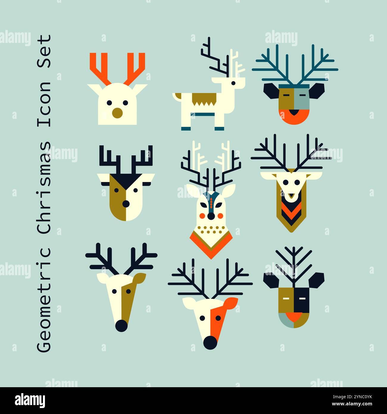 illustrazione dell'icona del volto di cervo geometrico natalizio, set folk carino vettore animale Illustrazione Vettoriale