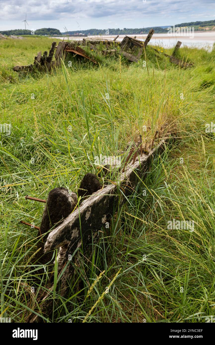 Regno Unito, Inghilterra, Gloucestershire, vale of Berkeley, cimitero delle navi Purton sulle rive del fiume Severn, resti di barche spiaggiate Foto Stock