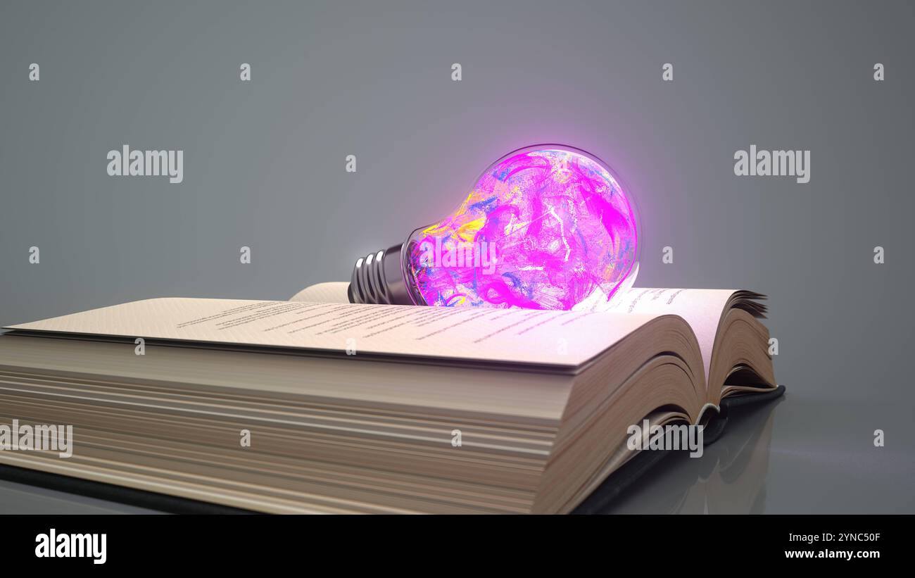 Lampadina illuminante Open Book - illustrazione 3D Open Book con lampadina illuminante. illustrazione 3d. Foto Stock
