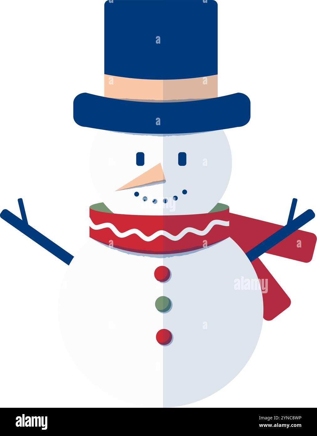 Personaggio di pupazzo di neve natalizio stilizzato che indossa un cappello a pipa di stovepipe e una sciarpa rossa. Moderno design geometrico natalizio. Clip art a tema natalizio. Illustrazione Vettoriale