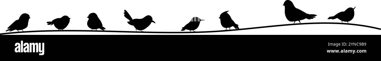 Le sagome degli uccelli neri si stagliano sulla corda o sulla linea di tensione. Sagoma isolata per adesivi da parete con uccello. Piccoli personaggi della foresta volante, sfondo vettoriale Illustrazione Vettoriale