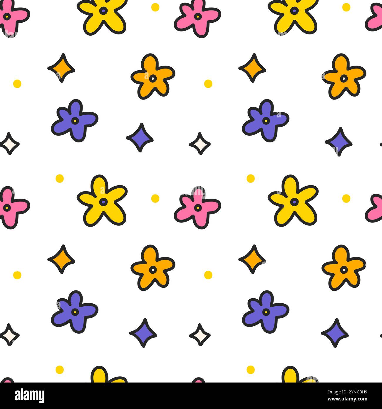 Grazioso motivo per bambini fiori stelle spadaccano colorato semplice motivo vettoriale senza cuciture Illustrazione Vettoriale
