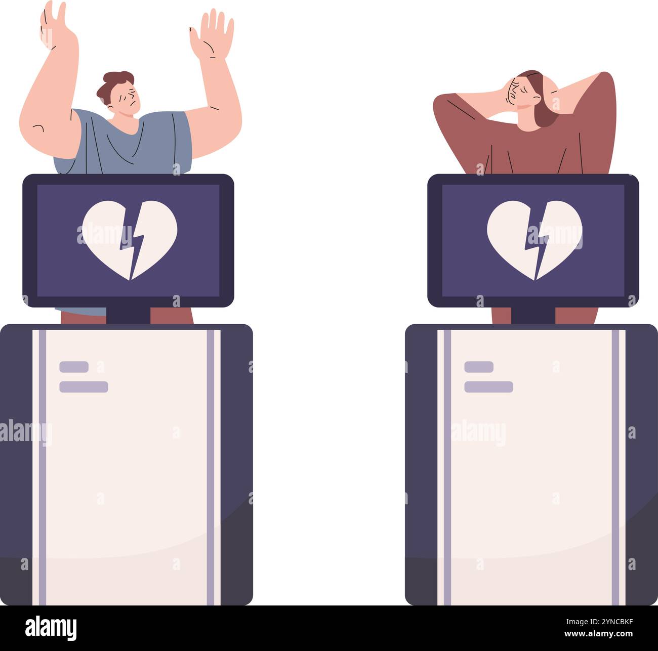 Donna maschile drammatica con cuori spezzati su monitor a raggi X. Delusione in relazione d'amore o amicizia, personaggi romantici scena vettoriale Illustrazione Vettoriale