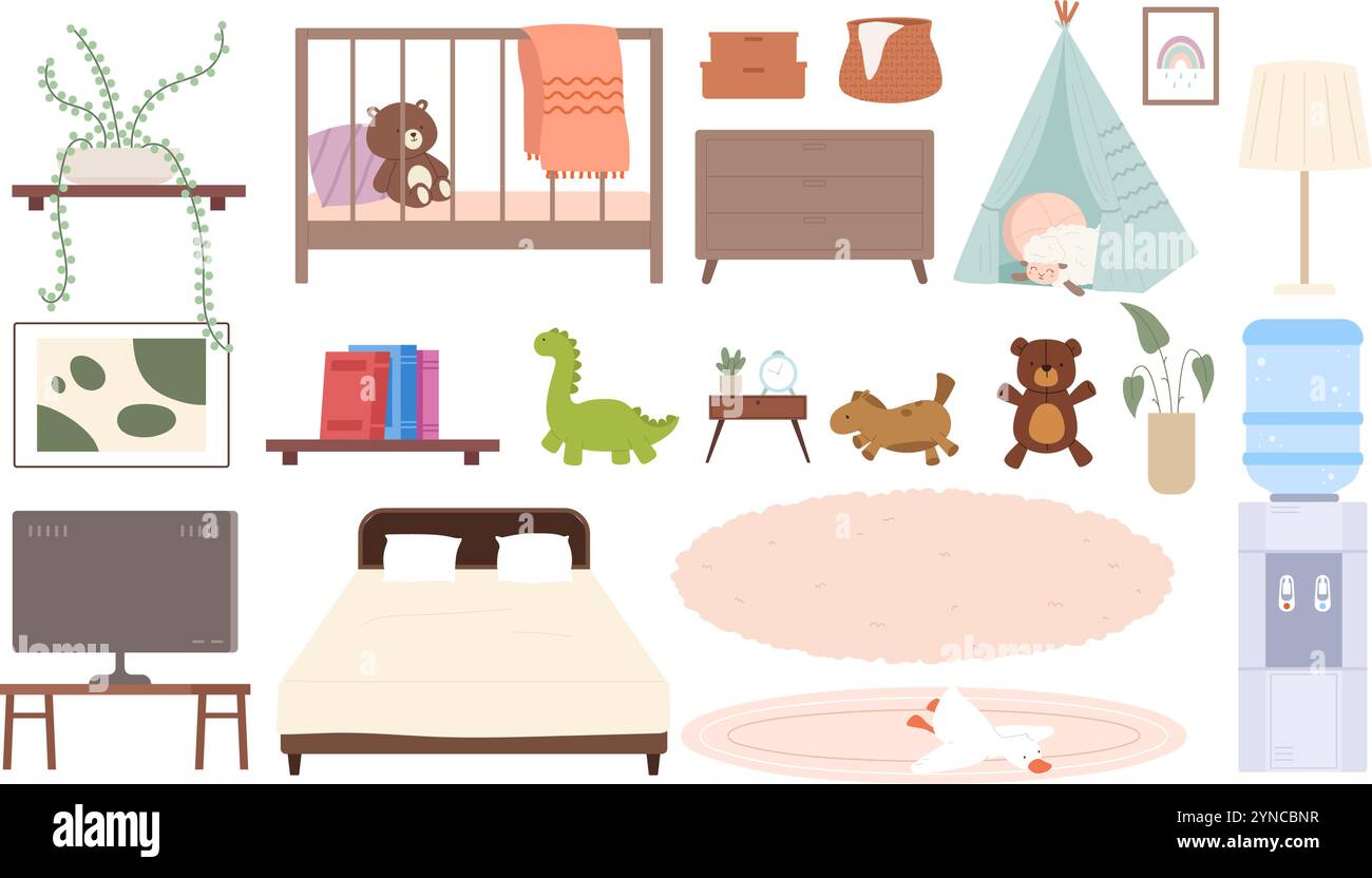 Interni e accessori per la casa. Letto per bambini e adulti, giocattoli per bambini, tappeti, frigo con acqua. TV sul tavolo, impianto, libri sullo scaffale, vettore Illustrazione Vettoriale