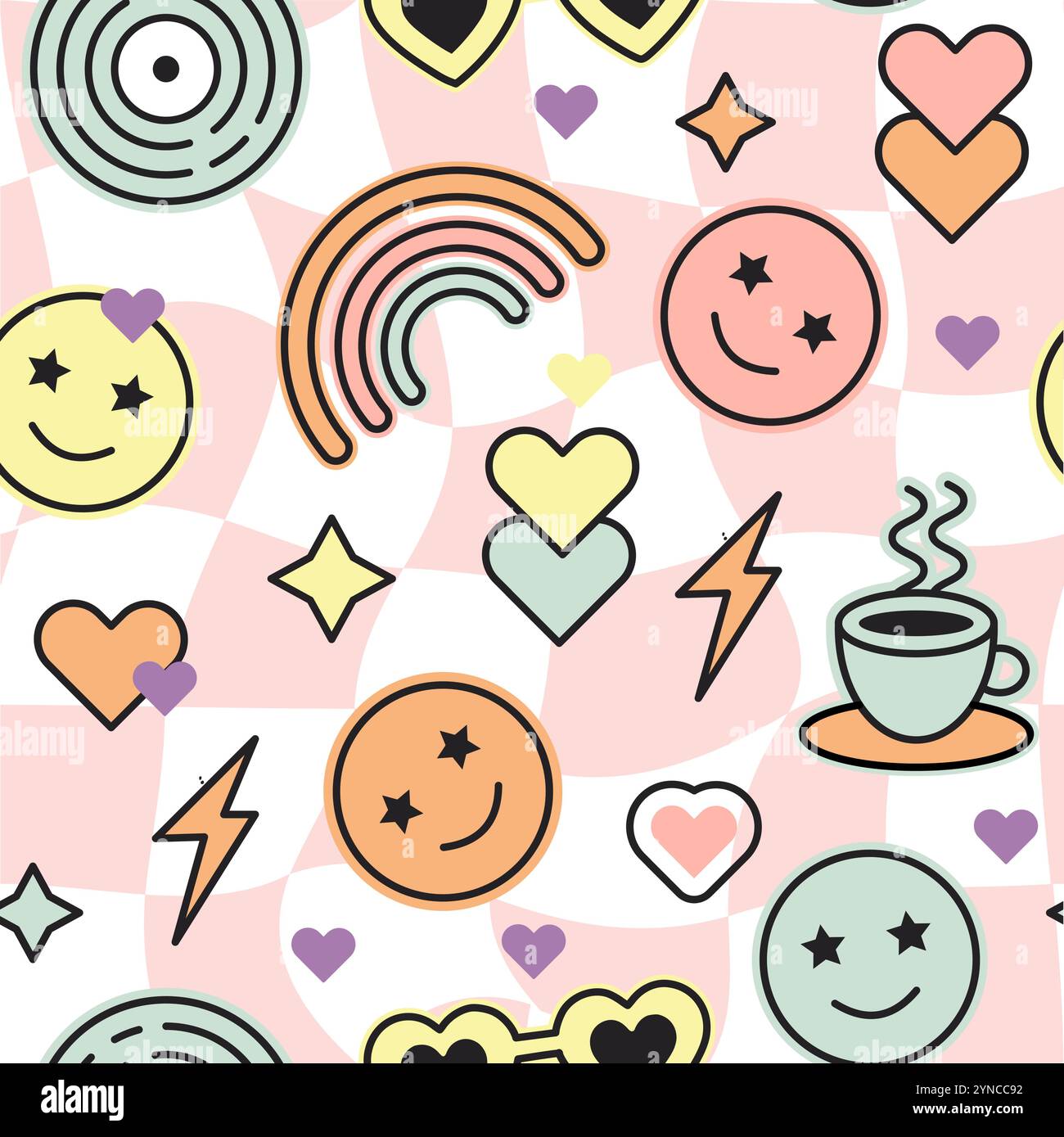 fantasia vector senza cuciture sorrisi retro tazza da tè arcobaleno adesivi a stella a cuore grazioso e ingenuo stile preppy Illustrazione Vettoriale