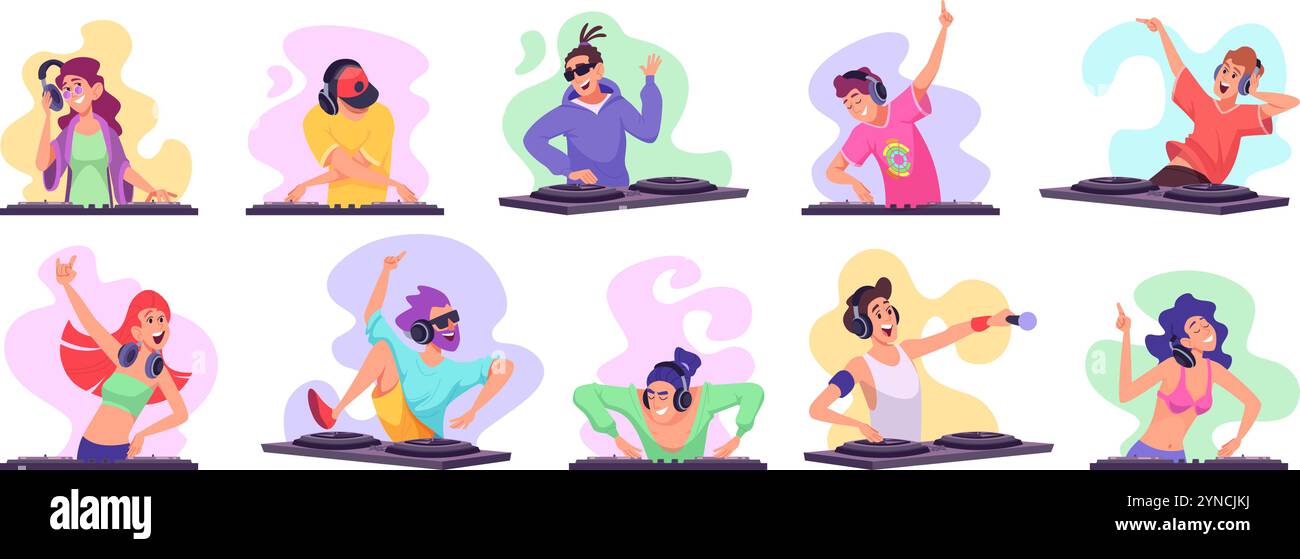 Personaggi DJ. Musicisti attivi nella festa del night club che mescolano musica sul palco, set di illustrazioni vettoriali esatte Illustrazione Vettoriale