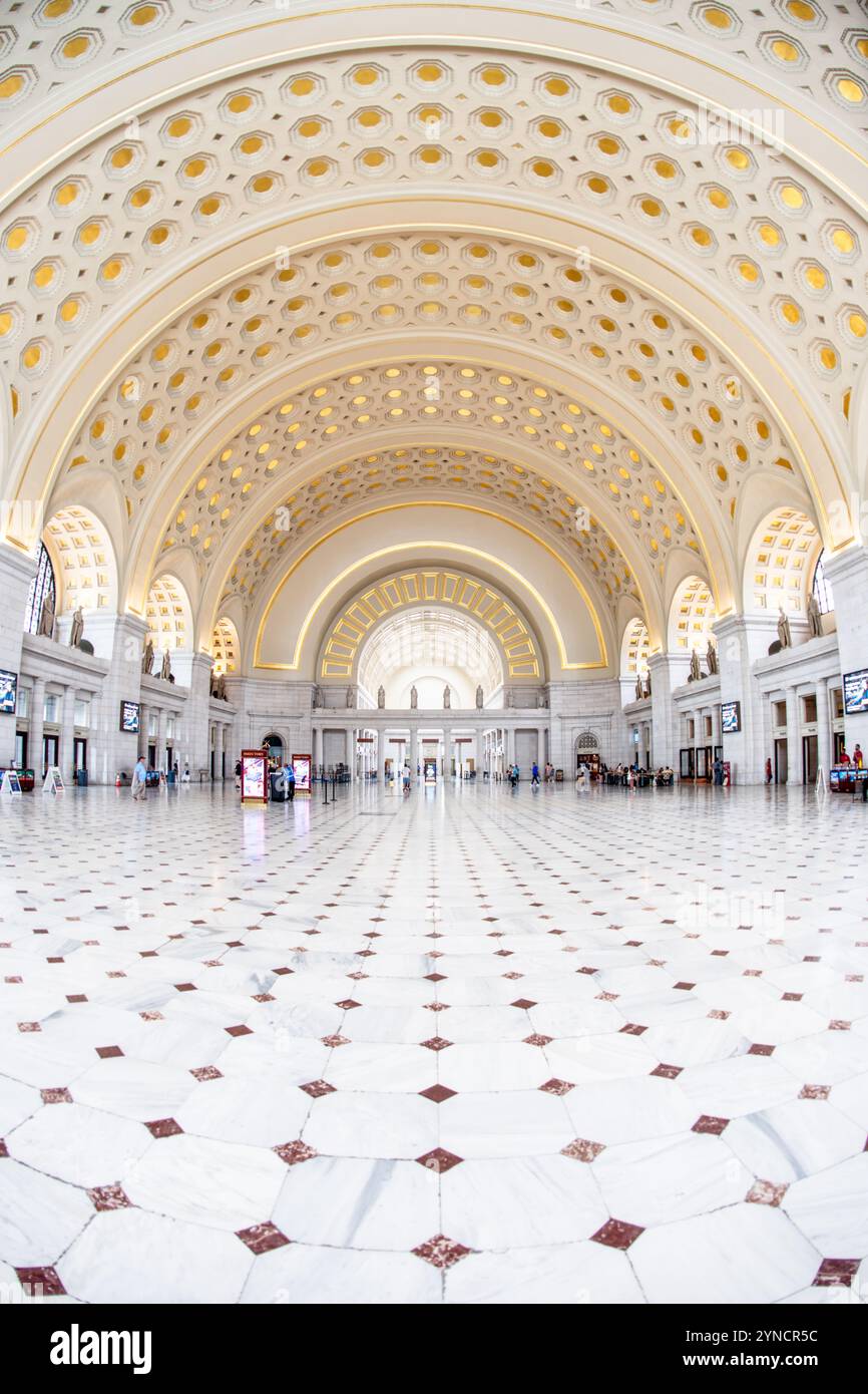 Union Station Main Hall soffitto Washington DC // WASHINGTON DC - la sala principale di Union Station presenta un soffitto ornato a volta a botte con dettagli a cassettoni ed elementi dorati. Progettata dall'architetto Daniel Burnham e completata nel 1908, la grande sala in stile Beaux-Arts funge sia da stazione ferroviaria funzionante che da principale attrazione turistica. La sala principale è stata oggetto di ampi restauri nel 1980 per preservare il suo splendore architettonico e il suo significato storico. Foto Stock