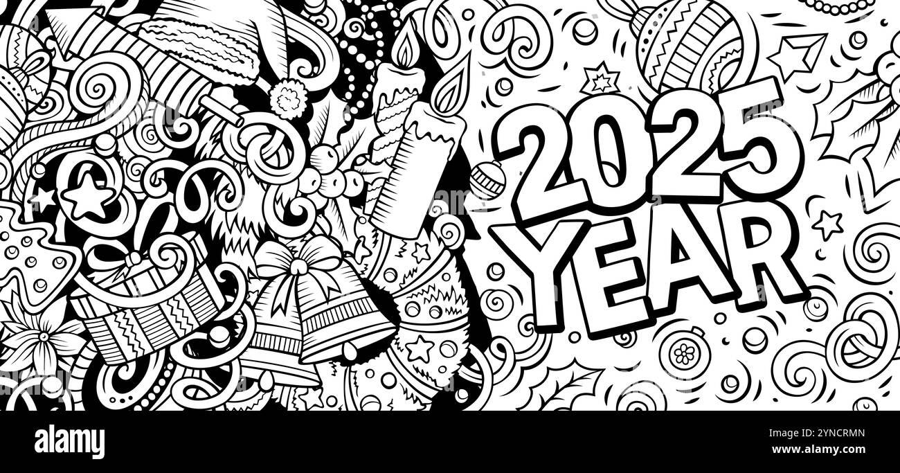 2025 scarabocchi illustrazione orizzontale. Design banner di oggetti ed elementi per il nuovo anno. Creativi cartoni animati per le vacanze invernali. Murale vettoriale colorato Illustrazione Vettoriale