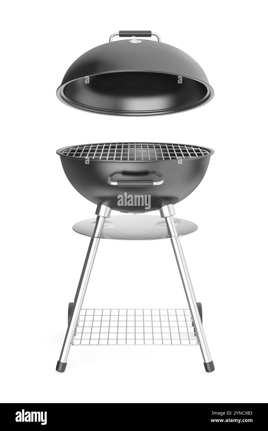 Barbecue del bollitore nero con coperchio su sfondo bianco Foto Stock