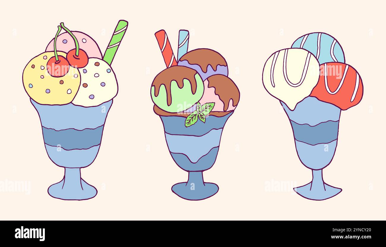 Collezione di gelati Doodle. Stile infantile disegnato a mano di dolci carini Illustrazione Vettoriale