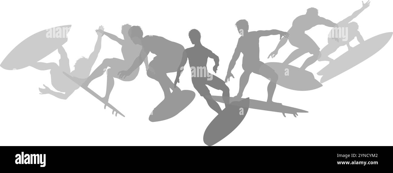 Surfers Surf on Surf Boards Concept silhouette Illustrazione Vettoriale