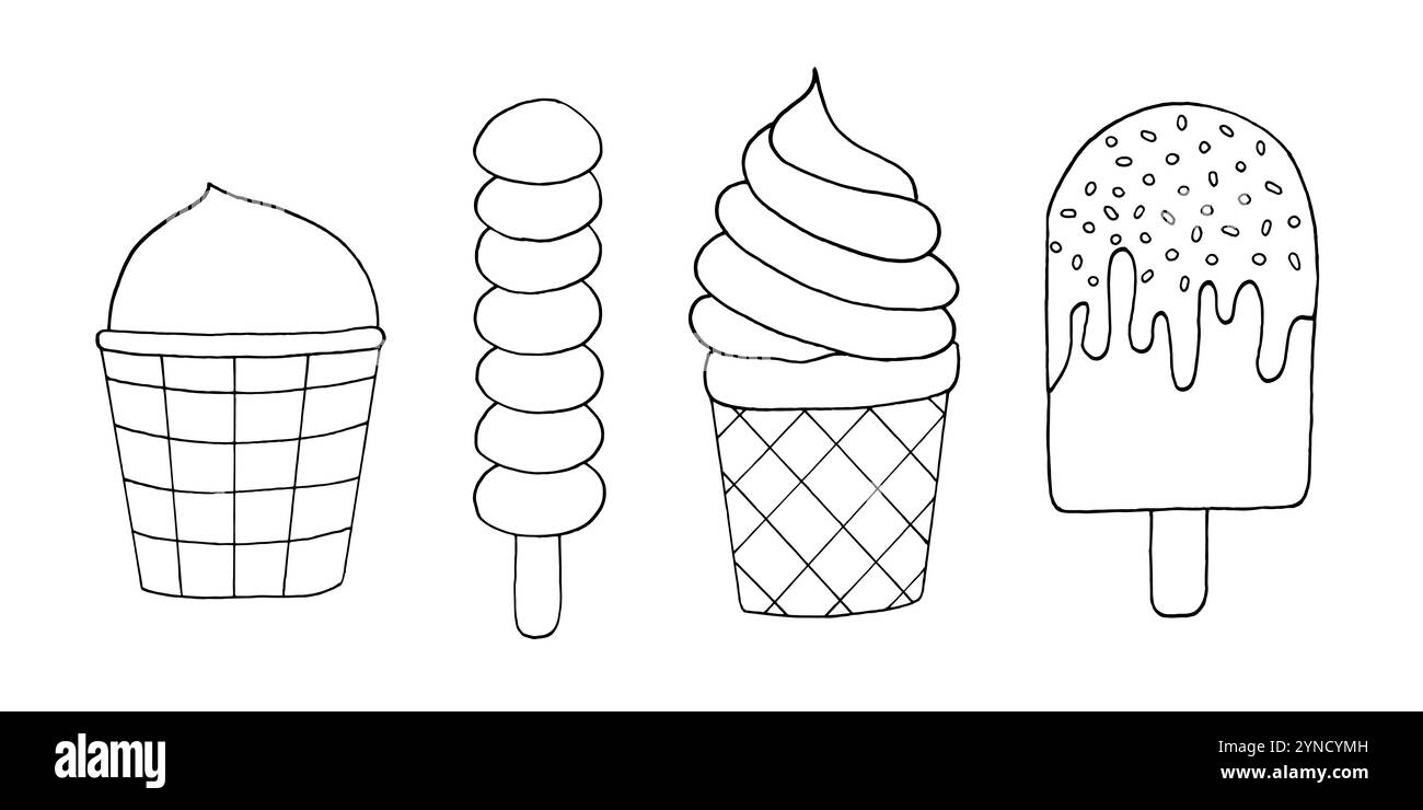 Pagina colorazione della collezione di gelati Doodle per bambini. Illustrazione Vettoriale