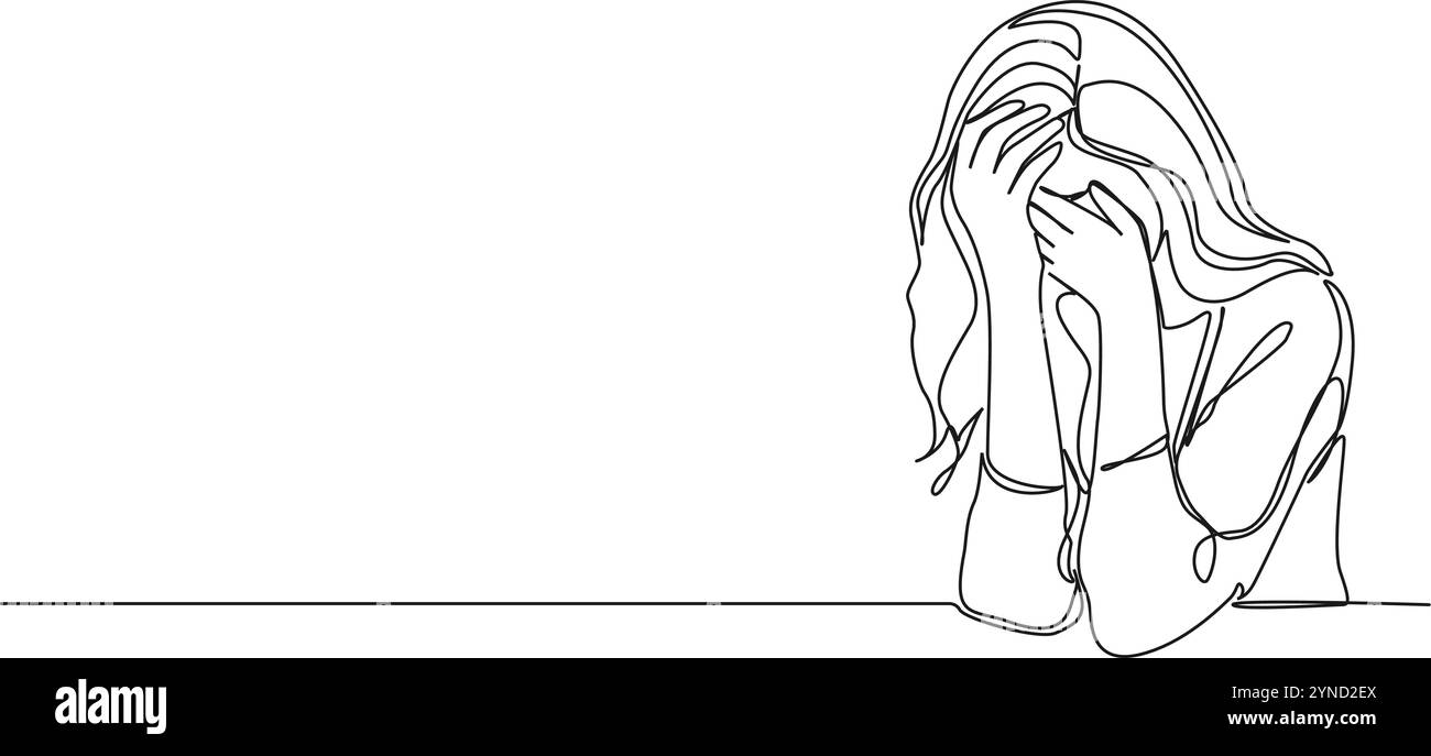 disegno continuo su una sola linea di donna triste che copre il viso con le mani, illustrazione vettoriale di line art Illustrazione Vettoriale