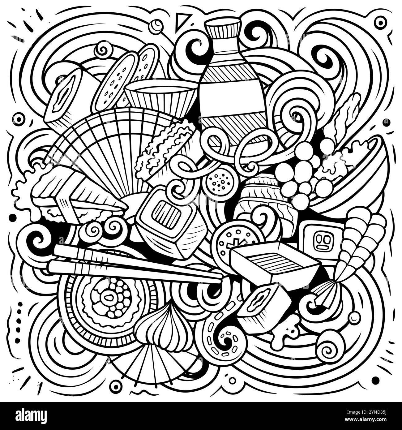 L'illustrazione della lavagna a forma di cartone animato per sushi doodle presenta una varietà di oggetti e simboli della cucina giapponese. Immagine stravagante e divertente. Illustrazione Vettoriale