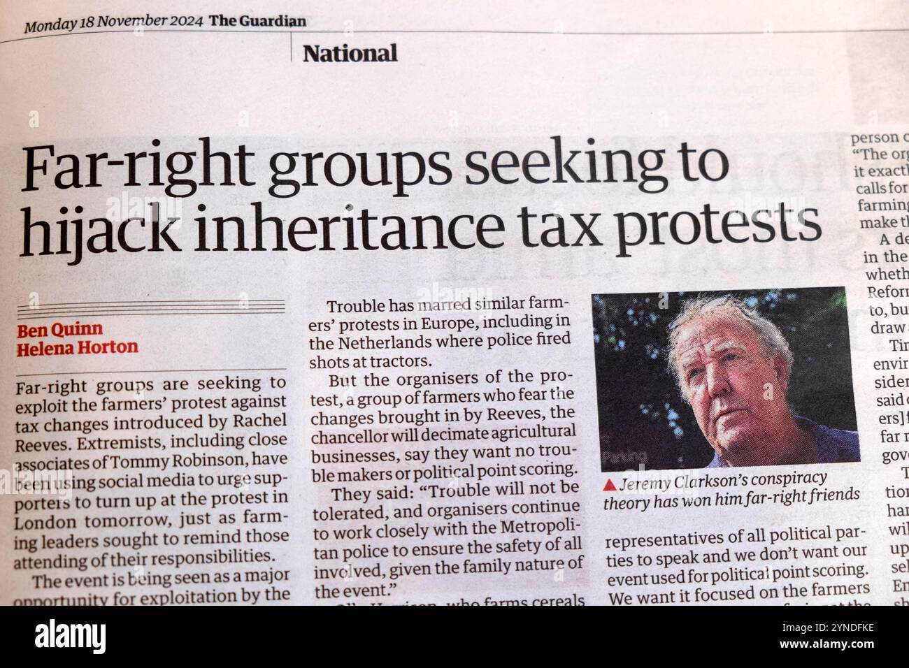 "Gruppi di estrema destra che cercano di dirottare le proteste fiscali sull'eredità", il giornale Guardian titola gli agricoltori protestano contro le tasse articolo 18 novembre 2024 Londra Inghilterra Foto Stock
