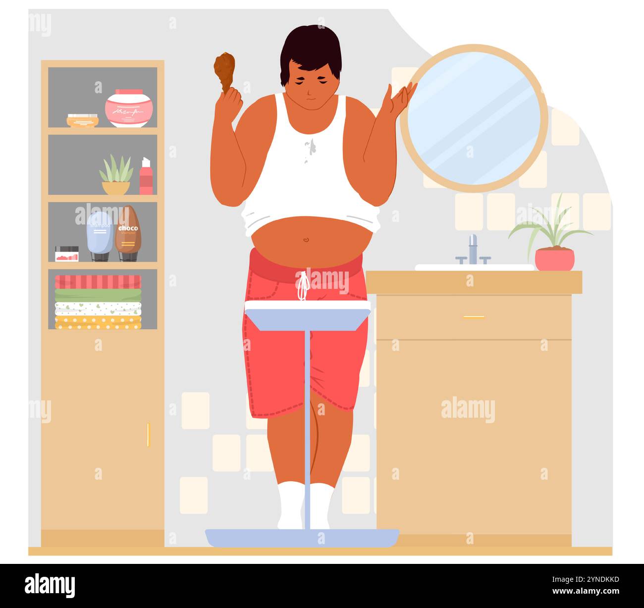 Uomo grasso turbato personaggio dei cartoni animati in piedi su scale corporee Illustrazione Vettoriale