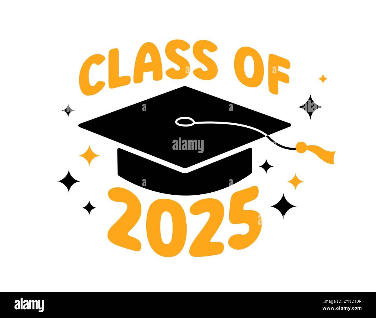 Biglietto di auguri per laureati di classe 2025, poster. Illustrazione piatta vettoriale. Berretto accademico nero e numeri dorati 2025 su sfondo bianco. Mortaio Illustrazione Vettoriale