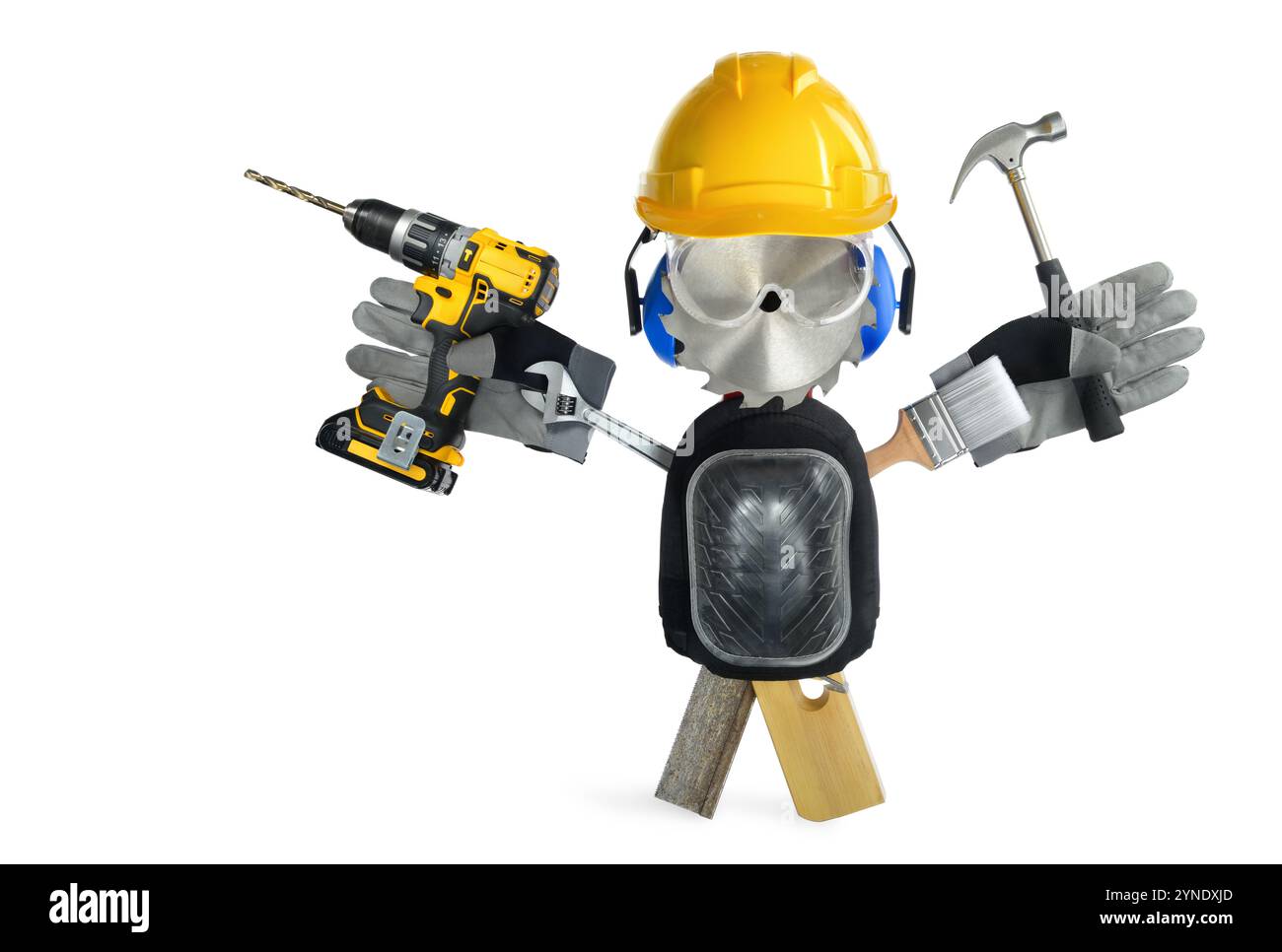 Foto concettuale di un artigiano o di un operaio edile costituito da attrezzi e dispositivi di protezione. Disposizione creativa divertente isolata sul bianco Foto Stock