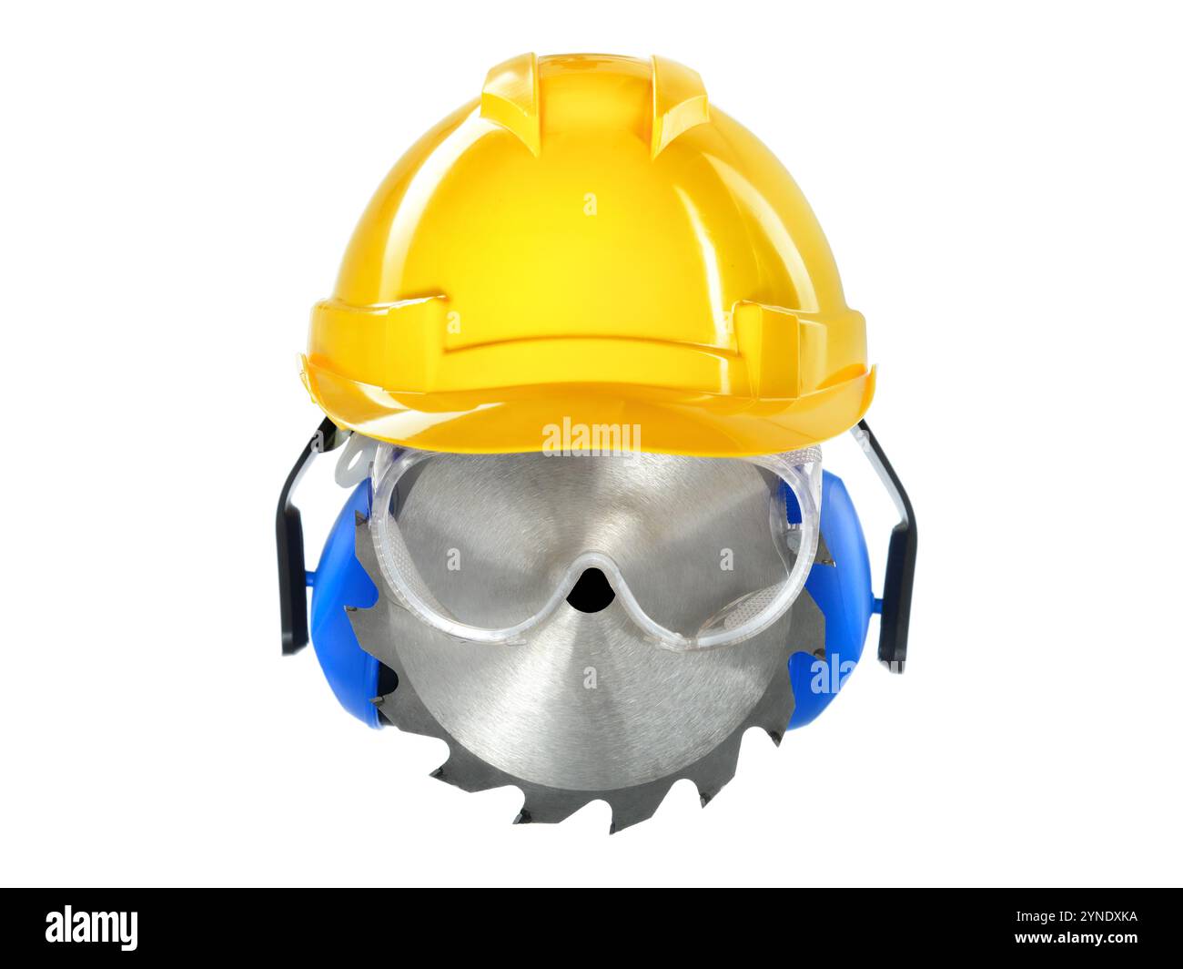 Immagine concettuale della testa di un lavoratore fatta di attrezzi e dispositivi di protezione. Disposizione creativa isolata sul bianco Foto Stock