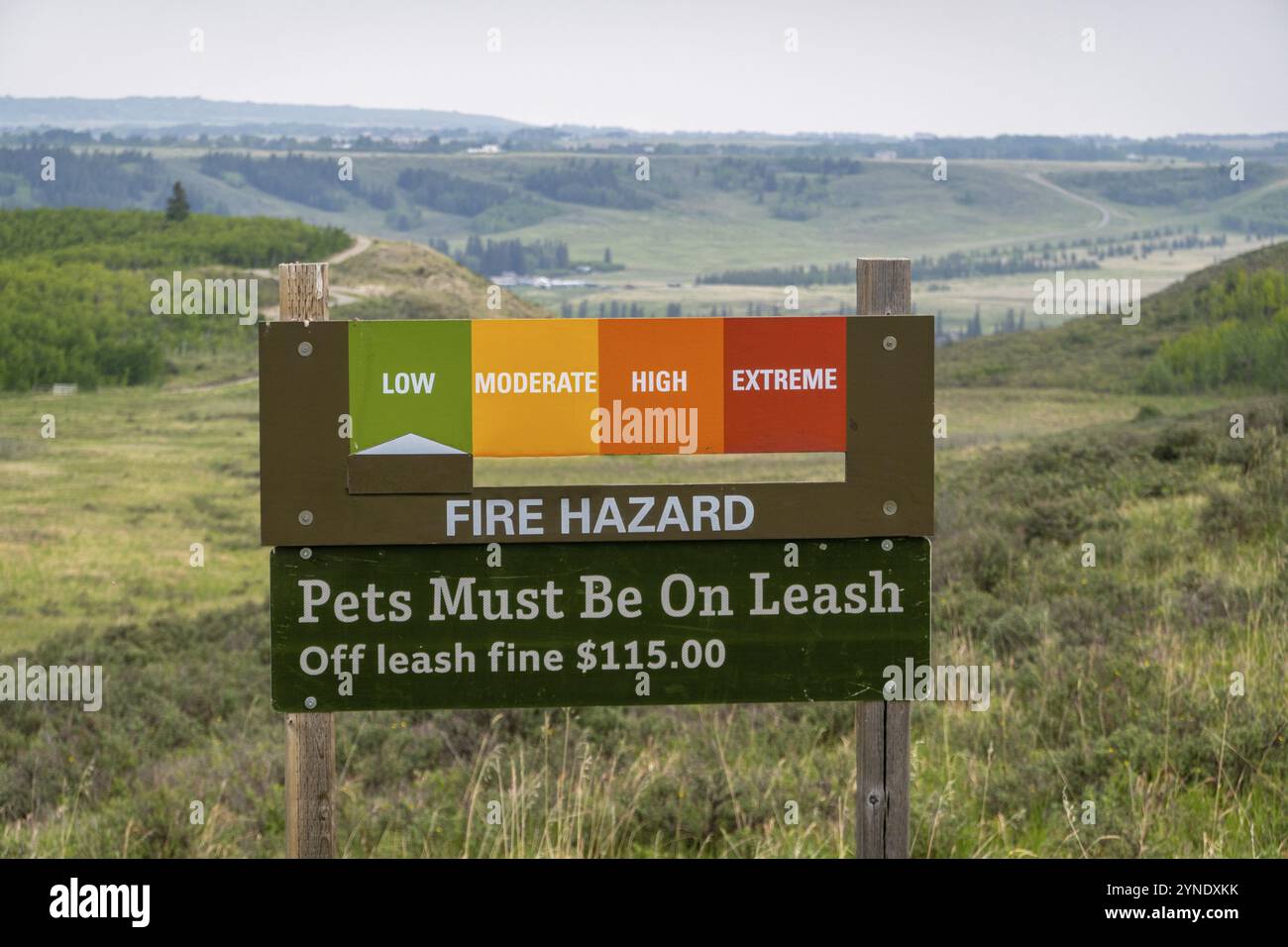 Cochrane, Alberta, Canada. 4 giugno 2023. Un cartello per il rischio di incendio al parco provinciale Glenbow Ranch Foto Stock