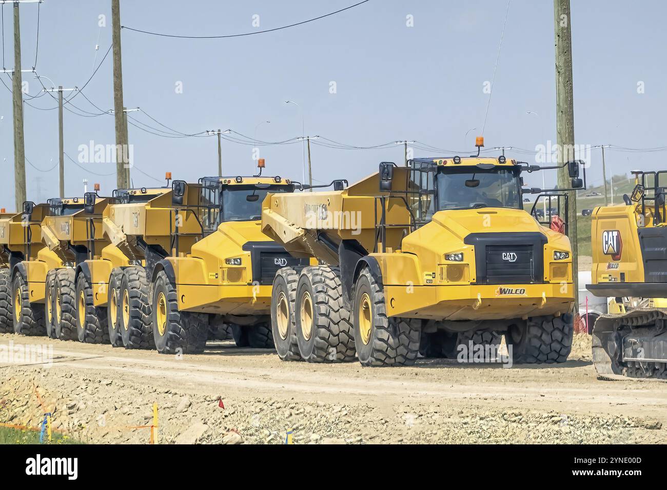 Calgary, Alberta, Canada. 7 agosto 2023. Diversi dumper Caterpillar 740 Ejector. Il dumper articolato è Caterpillars un trasportatore articolato dotato di un sistema Foto Stock
