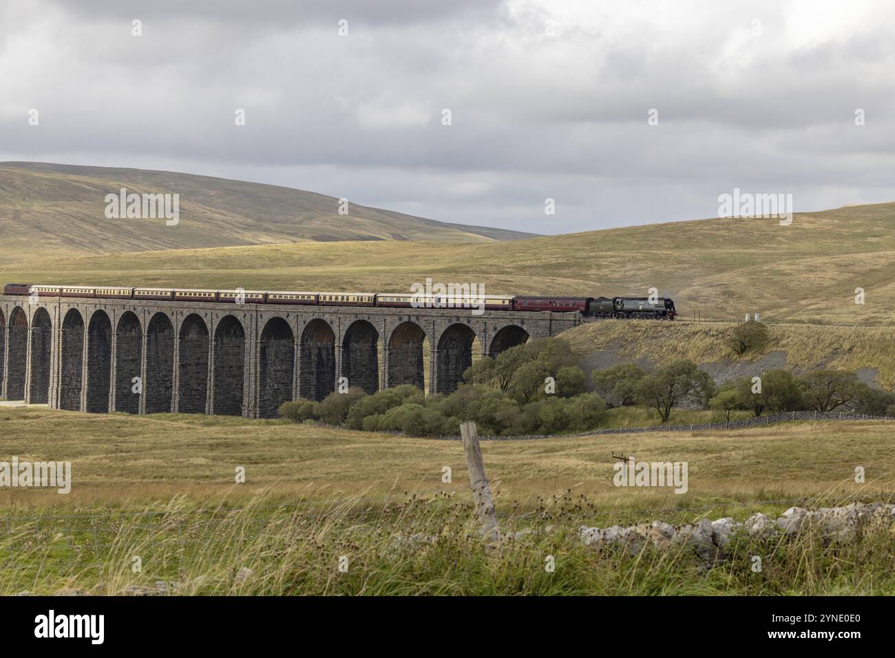 Treno a vapore che attraversa Ribblehead Viaduct, ponte ferroviario sulla valle del fiume Ribble ai piedi della montagna Whernside, North Yorkshire, EN Foto Stock