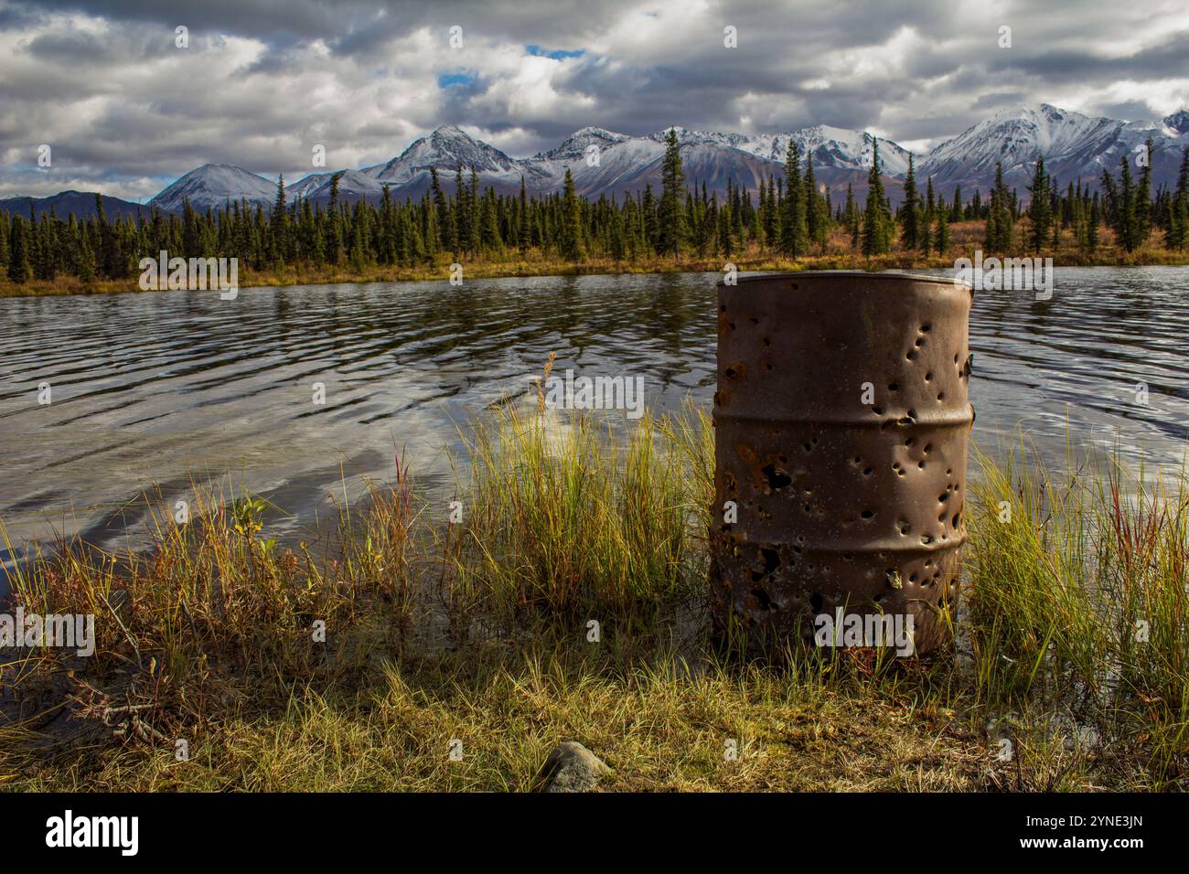 Fusto d'olio pieno di bulletole vicino a un lago Foto Stock