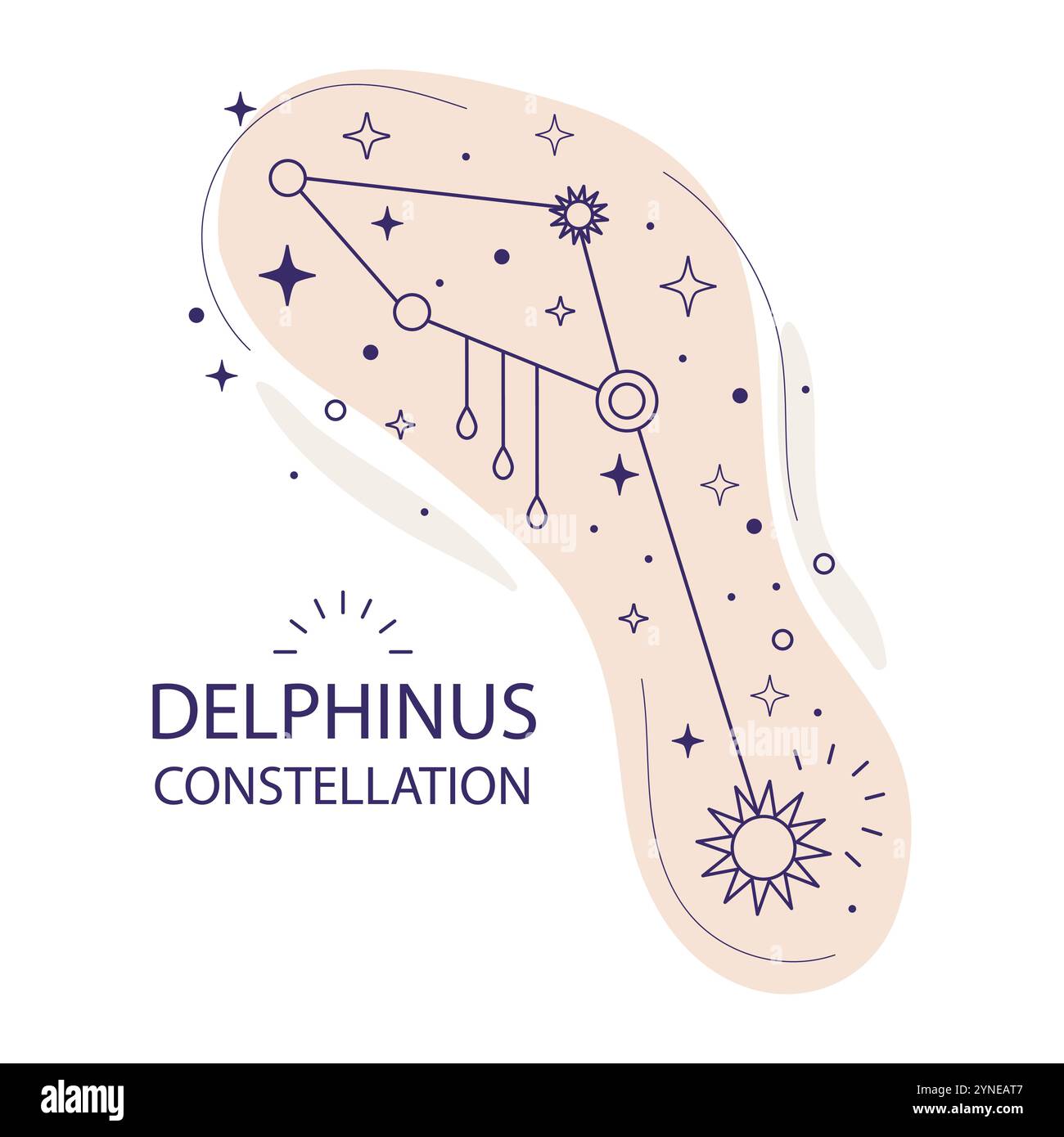 Delfino o costellazione di delfini di stelle dell'emisfero settentrionale su sfondo bianco. Design boho esoterico mistico per la progettazione di tessuti, tarocchi, Illustrazione Vettoriale