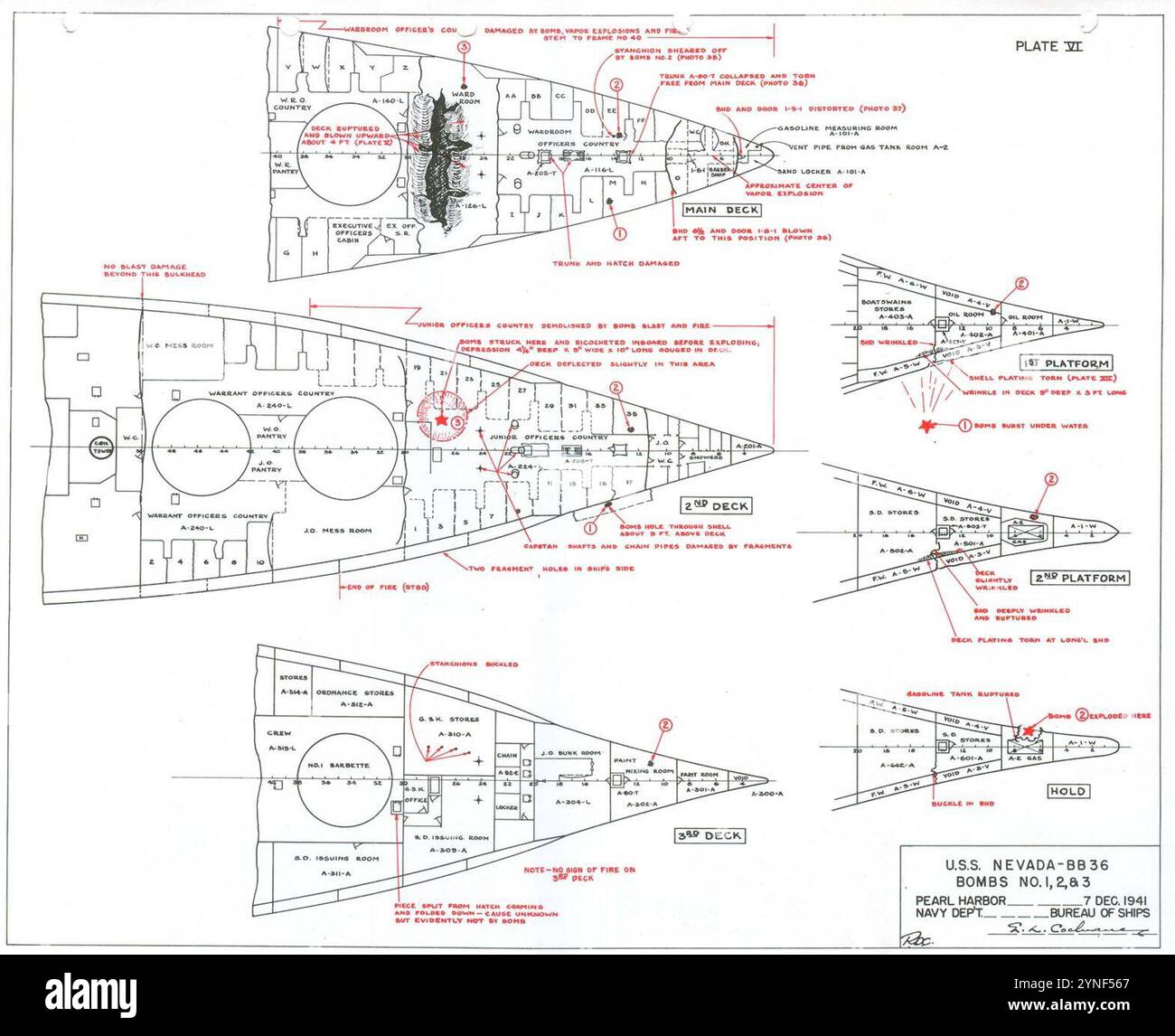 BuShips WDR SLR 17 - USS NEVADA (BB36) Torpedo and Bomb Damage dicembre, 7 dicembre 1941, Pearl Harbor Plate vi Foto Stock