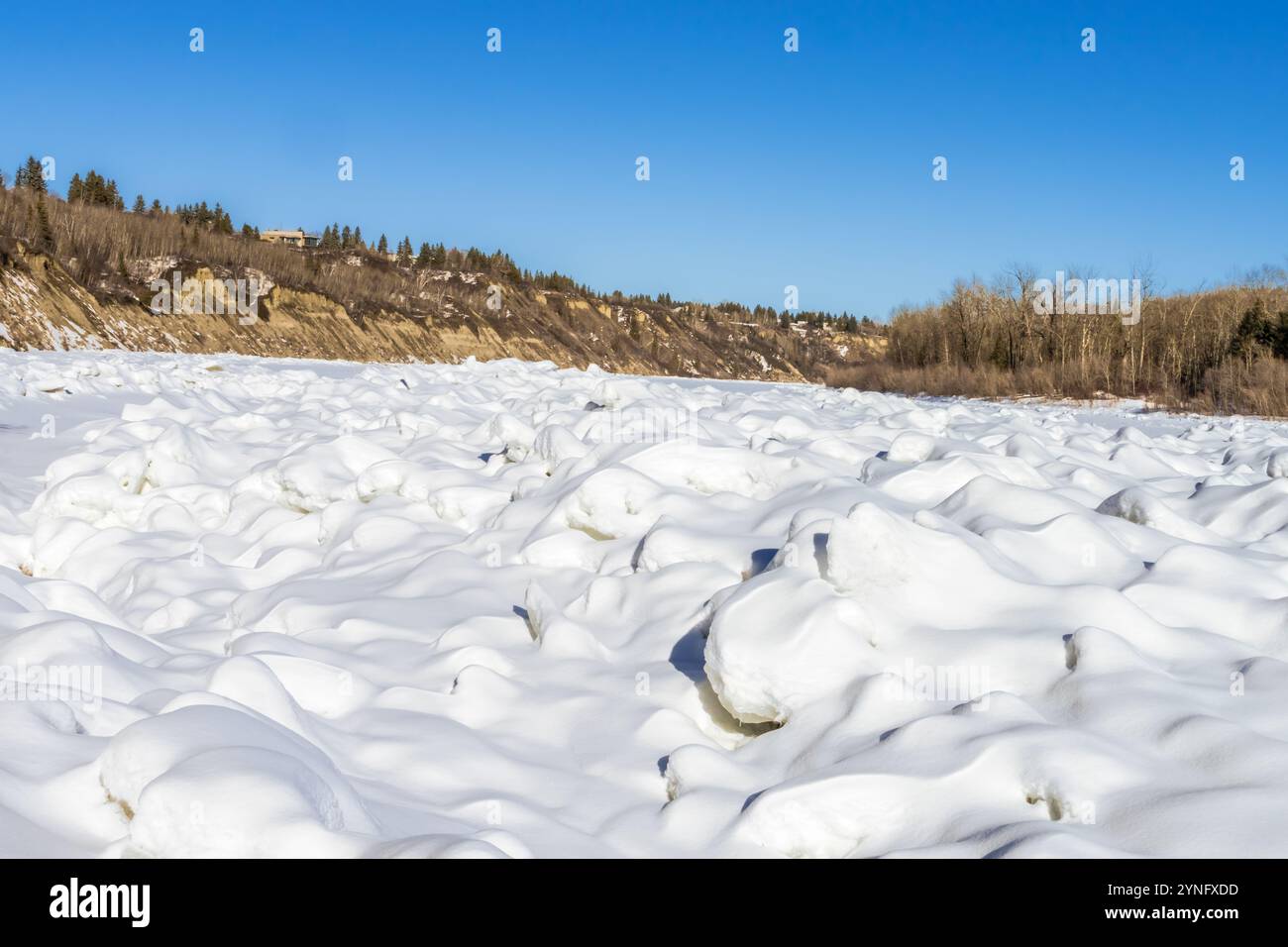 Il hummock di ghiaccio si è formato sul fiume North Saskatchewan vicino al parco di Fort Edmonton a Edmonton, Alberta Foto Stock