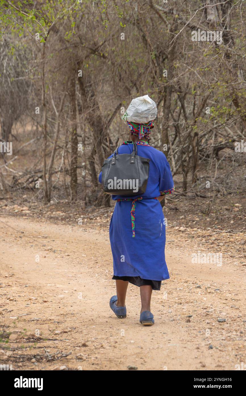 Donna africana che cammina nella boscaglia (Sudafrica) Foto Stock