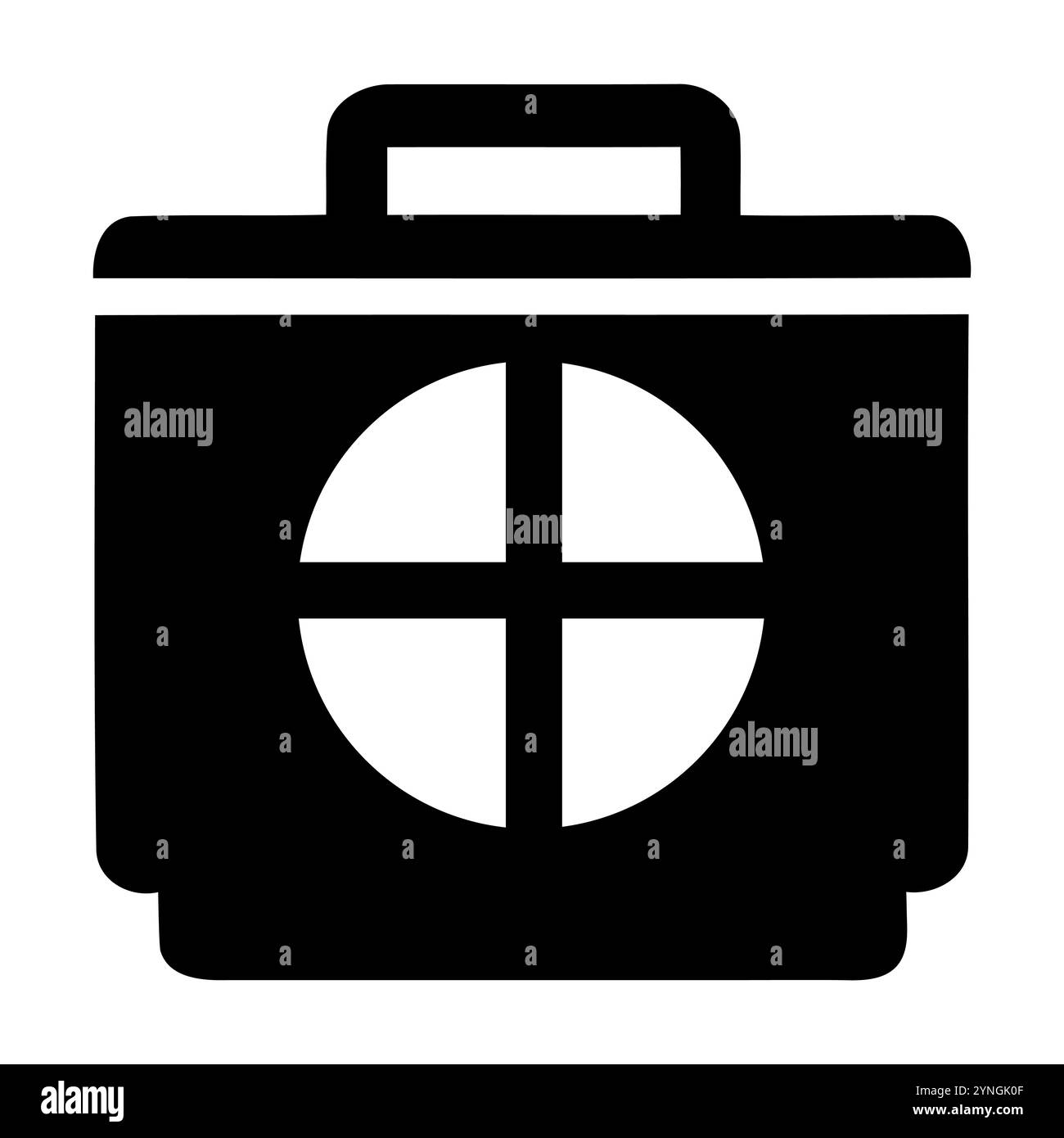 Silhouette in bianco e nero di un'icona medicalbox con una croce in un disegno circolare. Illustrazione Vettoriale