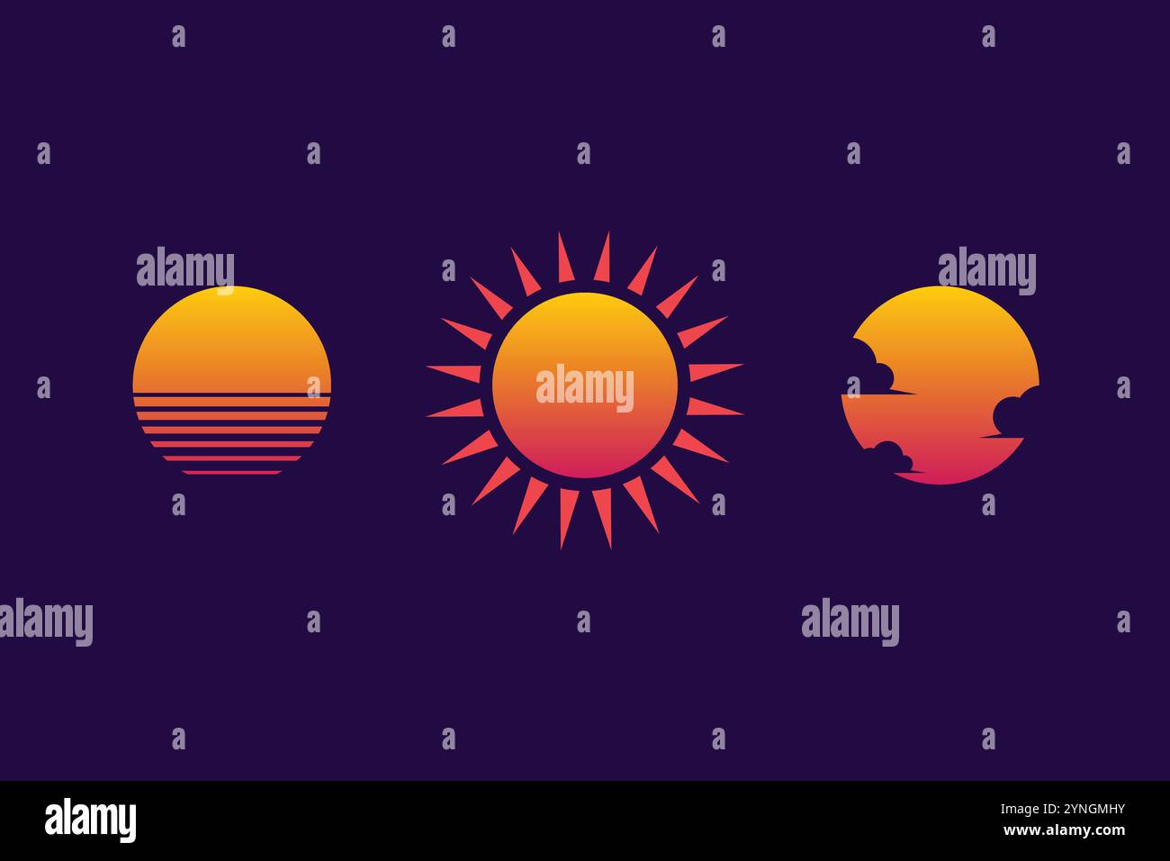 Tramonto retrò. il sole per il cyberpunk. Set di grafica neon gradiente per il logo estivo. Illustrazione vettoriale Illustrazione Vettoriale