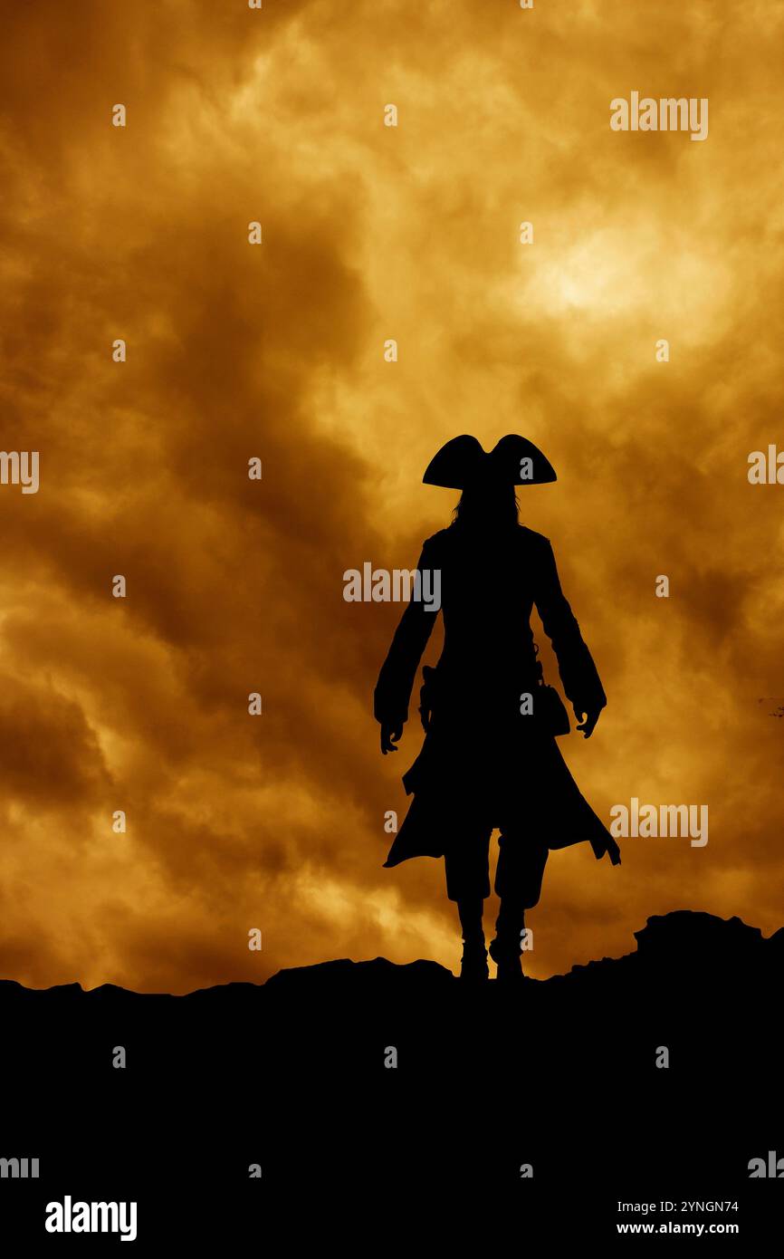 sagoma di un pirata in cima a una cresta Foto Stock