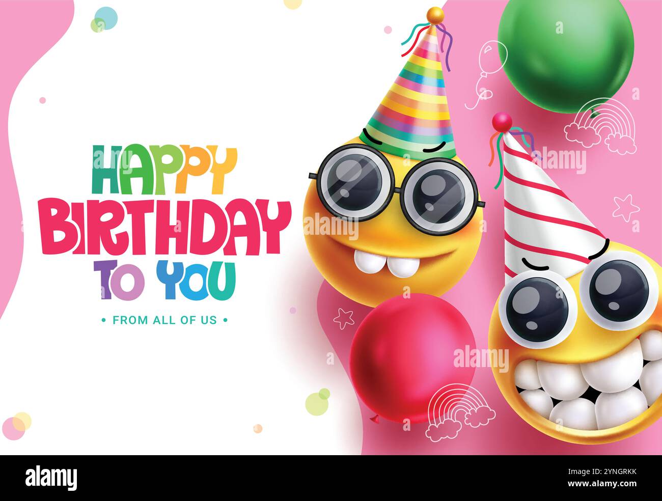 Design del clipart di compleanno di emoji. Biglietto di auguri di buon compleanno con personaggio emoji che indossa un colorato cappello da festa in uno spazio vuoto con sfondo astratto Illustrazione Vettoriale