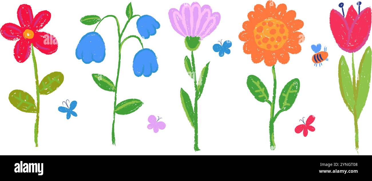 Fiori di pastello. Matita colorata e gesso pastello illustrazione floreale con farfalla. I bambini disegnati a mano hanno un bel dipinto. Piante vettoriali con schizzo Illustrazione Vettoriale
