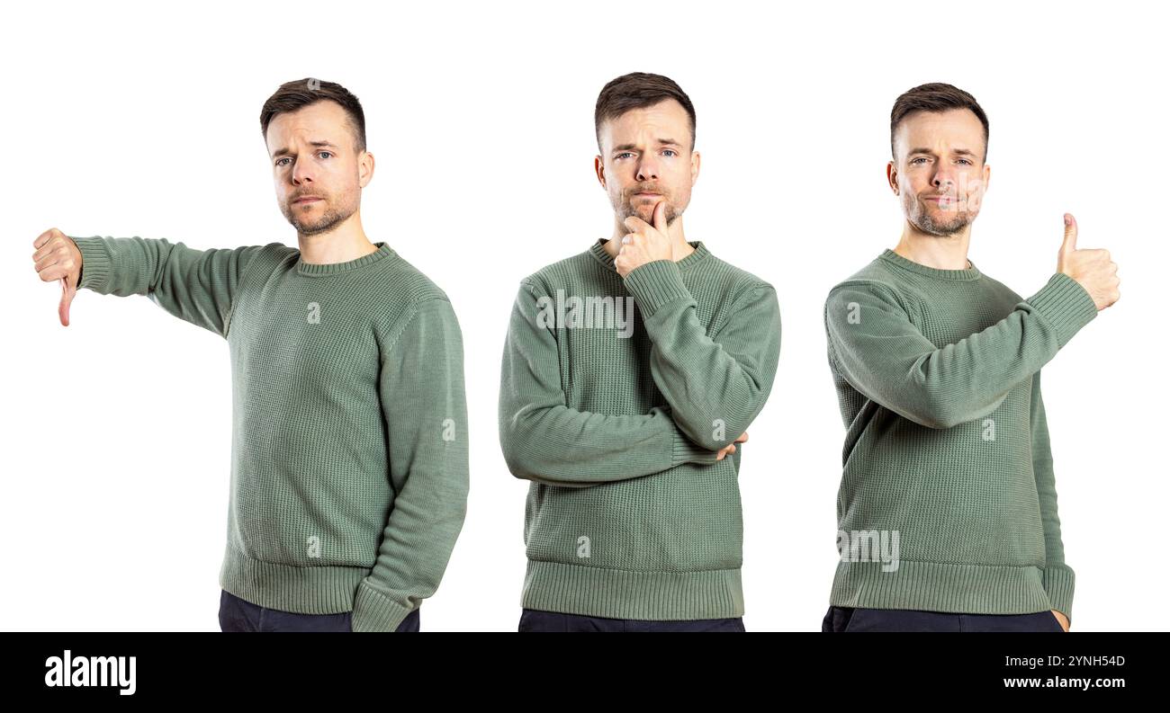 Stessa persona che mostra gesti di approvazione, disapprovazione e considerazione isolati sul bianco Foto Stock