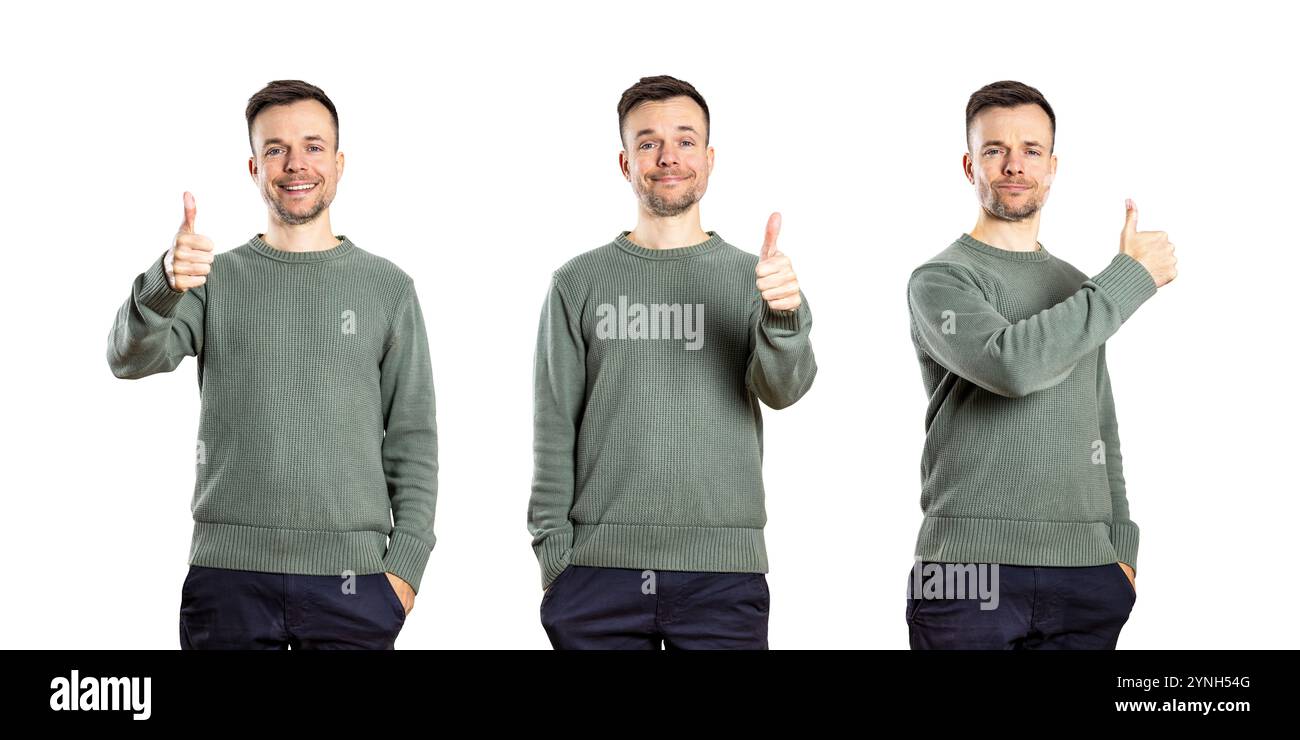 Persona che mostra il pollice in tre pose isolata su bianco Foto Stock