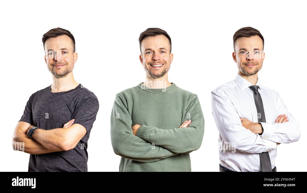 Stessa persona in abiti diversi che mostrano diversi aspetti della vita isolati sul bianco Foto Stock