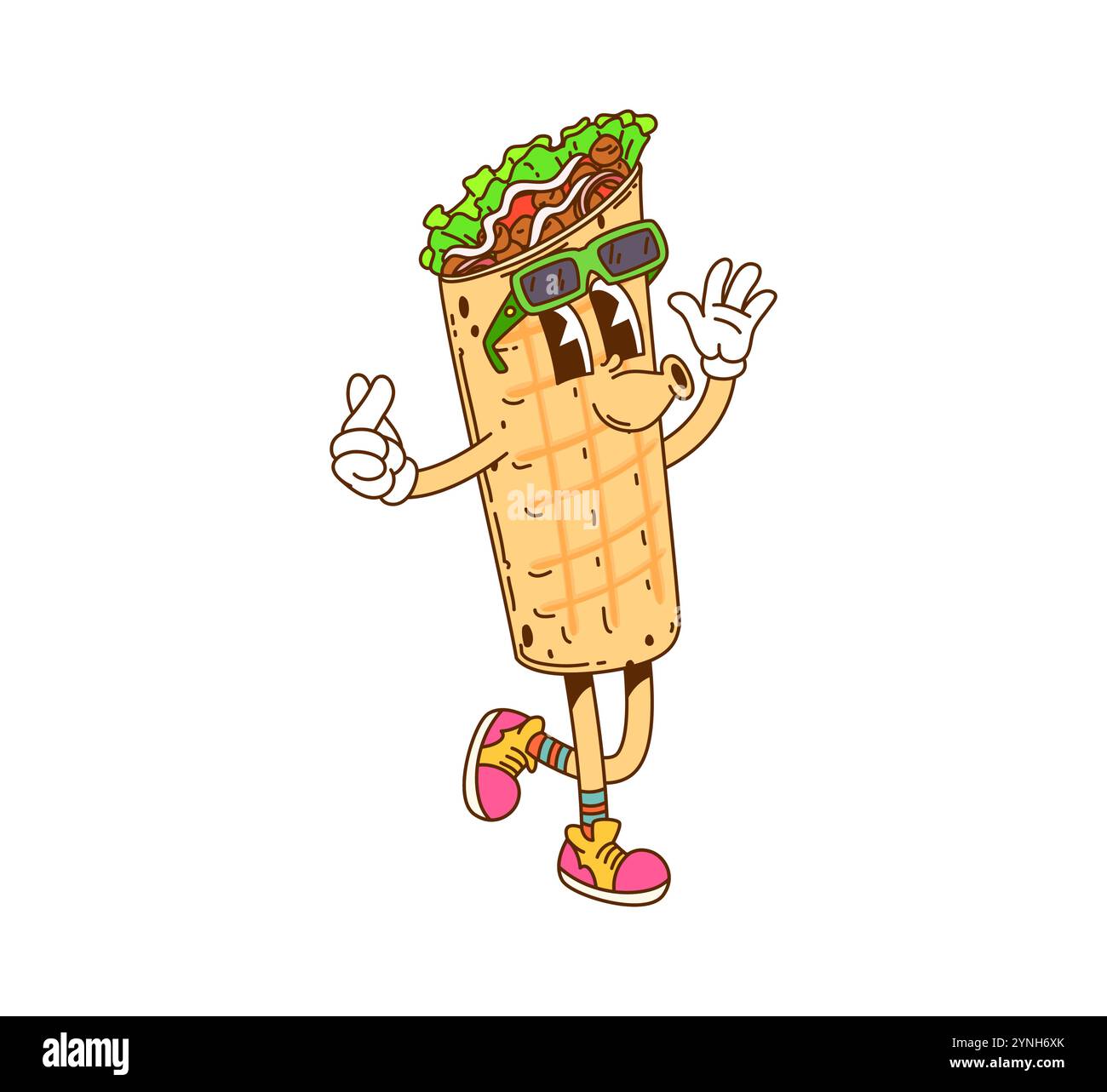 Shawarma o burrito hippie in stile cartoni animati retrò con un'espressione allegra, indossando sneakers e occhiali da sole vintage. Delizioso rotolo vettoriale isolato con carne, menu personalizzato per bambini Illustrazione Vettoriale