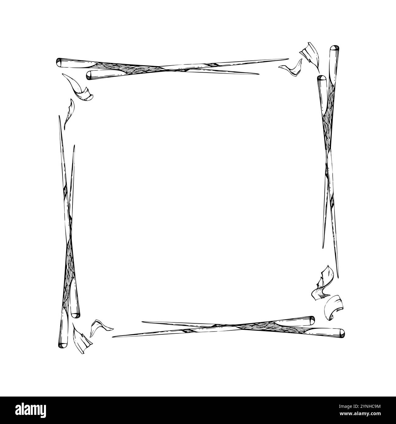 Bacchette cinesi giapponesi, utensili laccati di plastica di bambù di legno per mangiare cucinare, disegnati a mano in spruzzi di penna vettoriale, inchiostro. Cornice quadrata bordo per Illustrazione Vettoriale