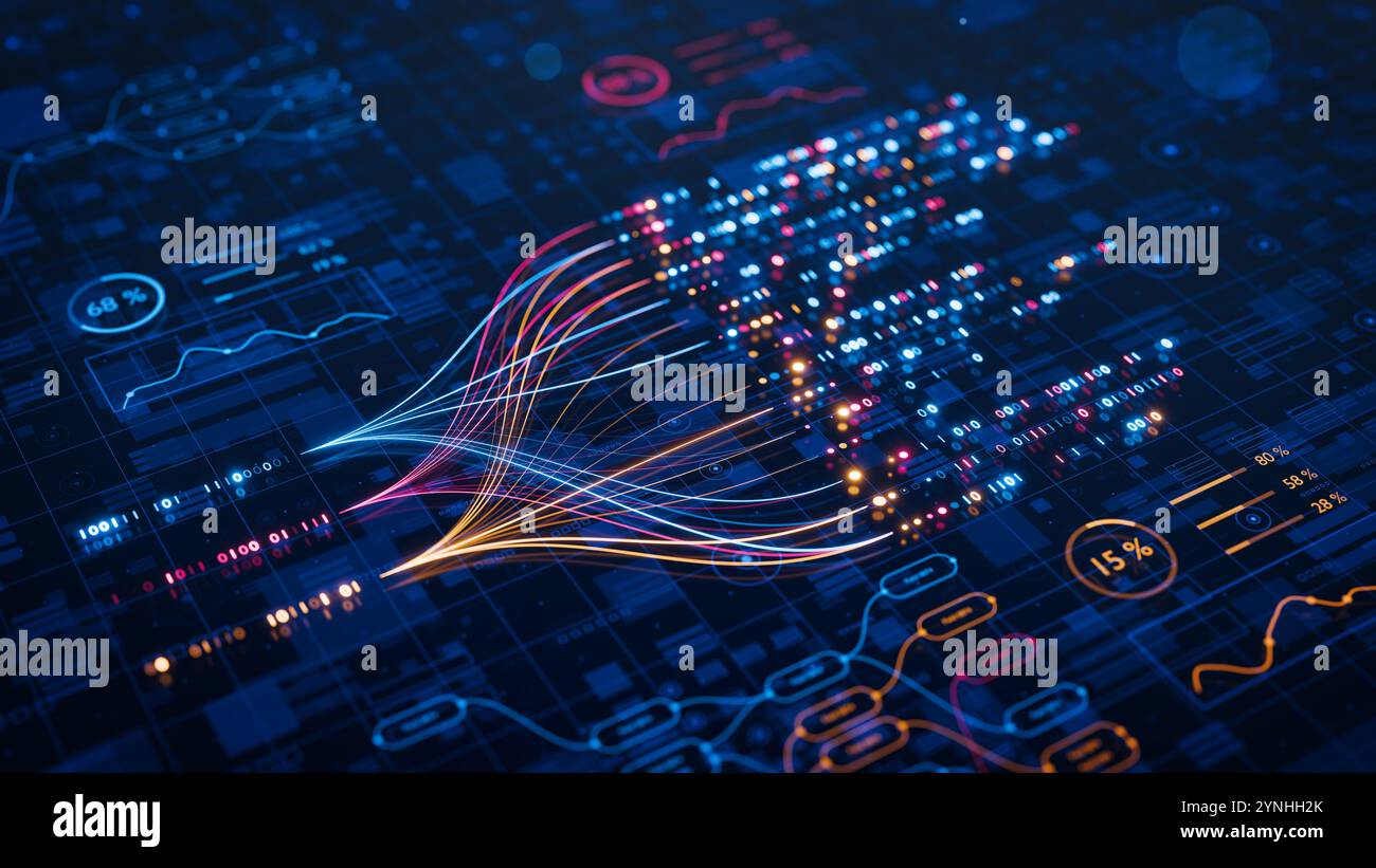 L'INTELLIGENZA ARTIFICIALE potenzia l'analisi dei big data e i flussi di lavoro di automazione, mostrando reti neurali e flussi di dati per le aziende. Intelligenza artificiale, apprendimento delle macchine Foto Stock