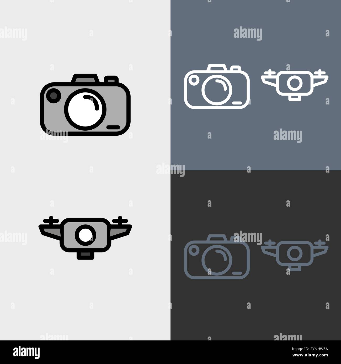 Fotocamera compatta e drone: Set di icone pulite e moderne per la fotografia e la videografia. Illustrazione Vettoriale