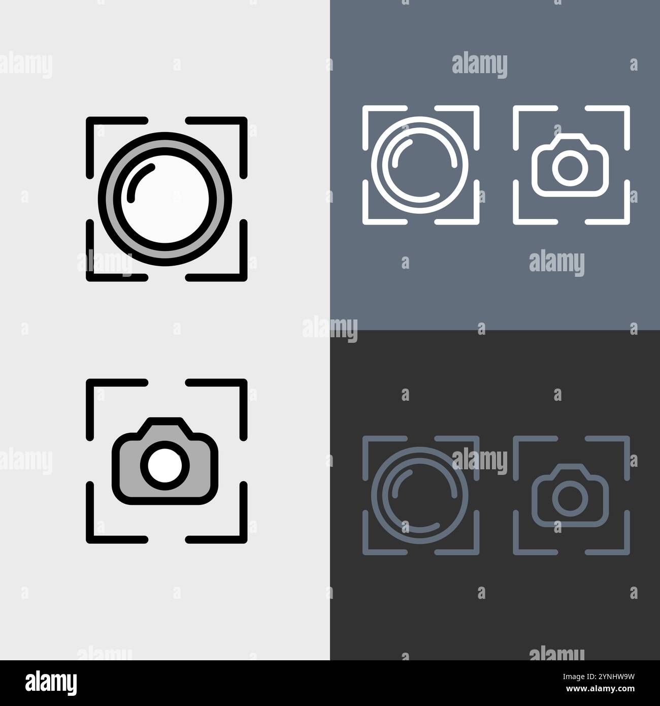 Pulsante dell'otturatore della fotocamera e messa a fuoco della fotocamera: Set di icone di fotografia e videografia pulite e moderne. Illustrazione Vettoriale
