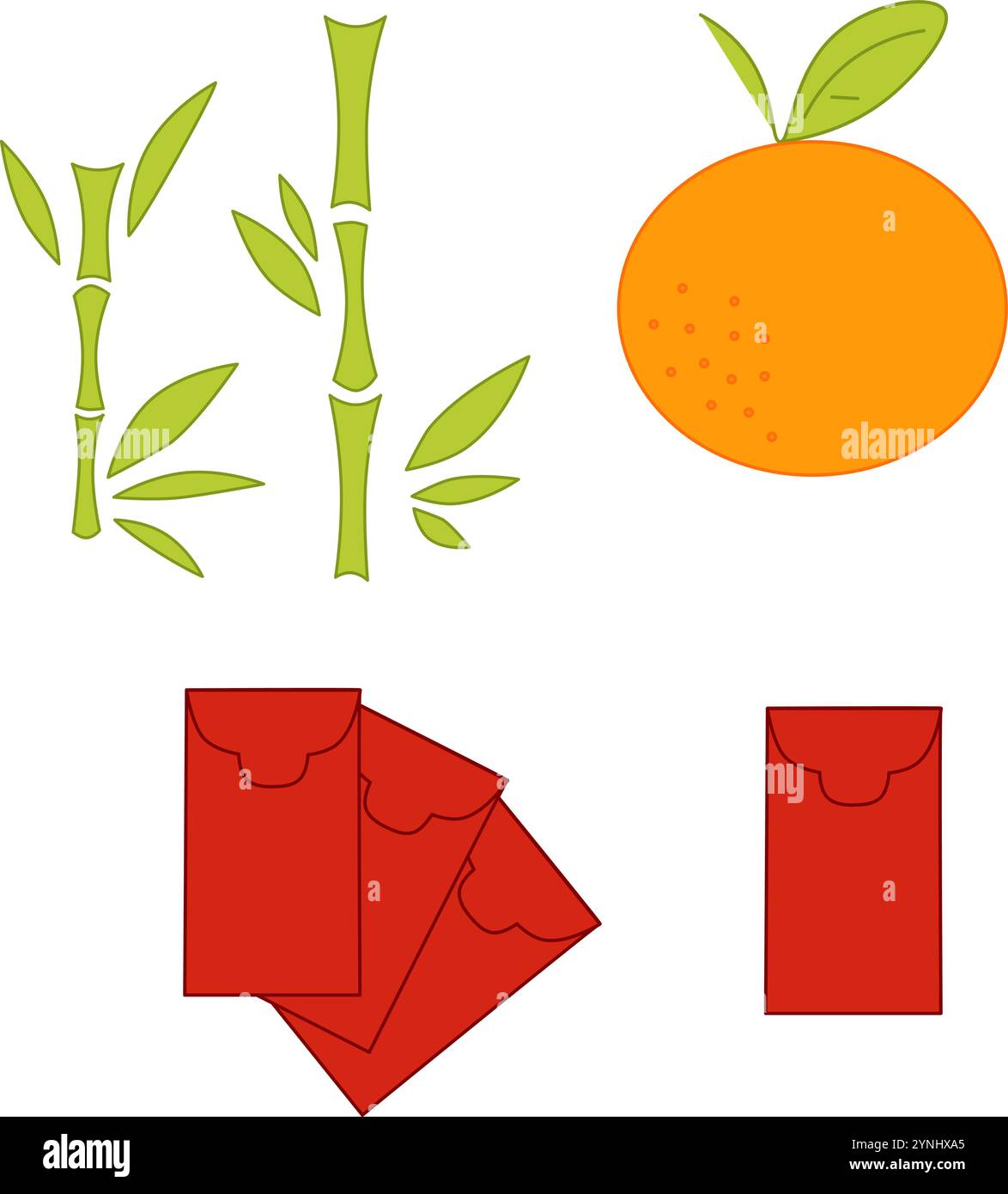 Set di elementi vettoriali grafici disegnati a mano nel mercato tradizionale asiatico, isolati su sfondo trasparente, mandarino, bambù, busta rossa. C Illustrazione Vettoriale