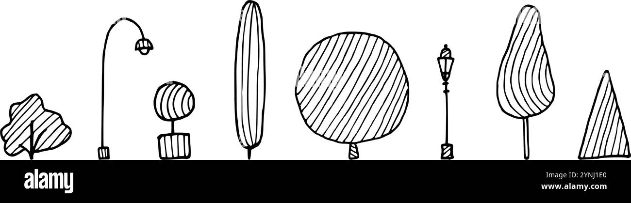 Doodle disegnato a mano silhouette di alberi e cespugli per il paesaggio cittadino. Disegno vintage dipinto da inchiostri neri per icona, logo o design Illustrazione Vettoriale